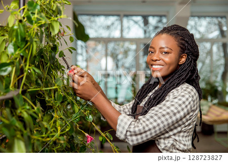Female flower shop assistant cutting taking care of plants and looking contented Female flower shop assistant cutting taking care of plants and looking contented 128723827