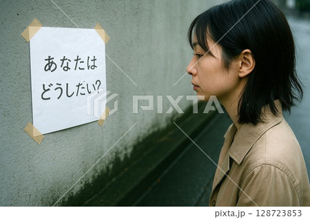 選択と言葉の標識イメージ素材　迷い・進む・決断・人生の分かれ道に 128723853