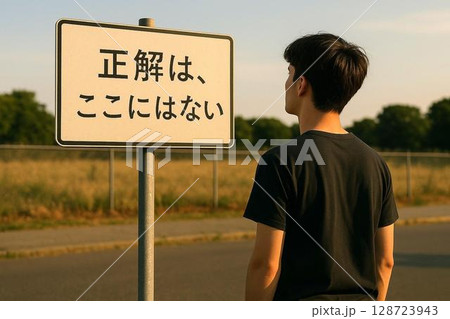 選択と言葉の標識イメージ素材　迷い・進む・決断・人生の分かれ道に 128723943
