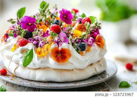 Pavlova Cake Decorated with Fresh Flowers and Berries on Rustic Plate. Pavlova Cake Decorated with Fresh Flowers and Berries on Rustic Plate. 128723967