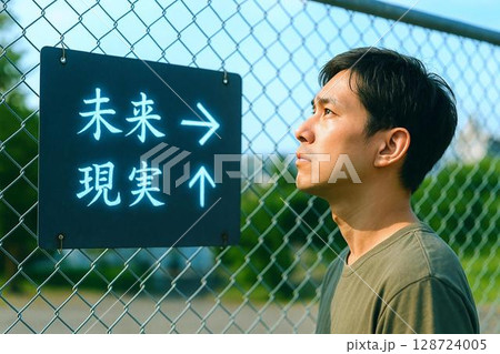 選択と言葉の標識イメージ素材　迷い・進む・決断・人生の分かれ道に 128724005