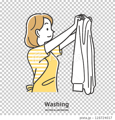 一位穿著圍裙的年輕女子正在晾衣服 128724017