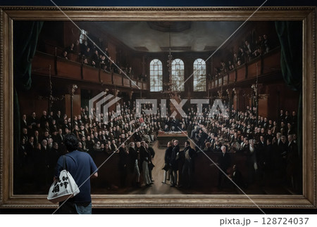 A person from behind, wearing a dark blue t-shirt and jeans, stands is observing a large painting of The House of Commons. 128724037