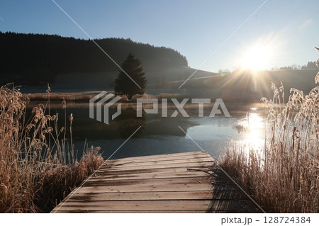 Wooden bridge over a lake with a tree in the foreground Wooden bridge over a lake with a tree in the foreground 128724384