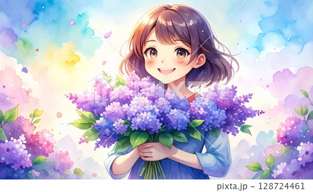 柔らかな朝の光の中で、ライラックの花束を胸に優しく抱きしめる日本の女性。花言葉や季節の美しさを感じさ 128724461