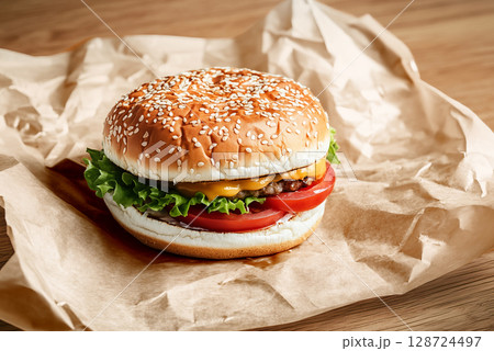 Blank craft crumpled baking paper with beef burger, ai generated 128724497