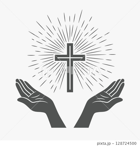 Black and White Open Hands with Cross and Divine Light, Symbol of Faith and Prayer. Design Template for Church Logo. Prayer, Religion Concept Monochrome Cut Out Silhouette Icon. Vector Illustration 128724500