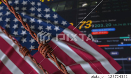 The America Flag and barbed wire for Business crisis concept 3d Rendering. 128724531