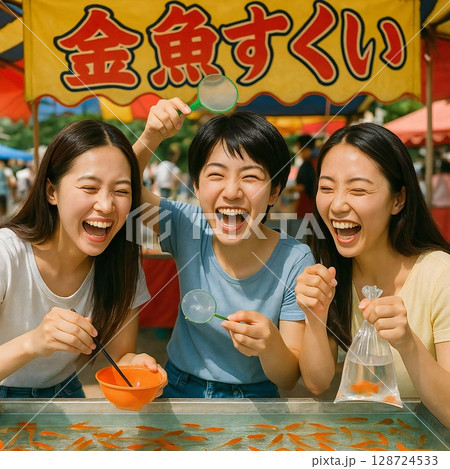 金魚すくいを楽しみながら歓声を上げる3人の姿の場面を生成しました 128724533