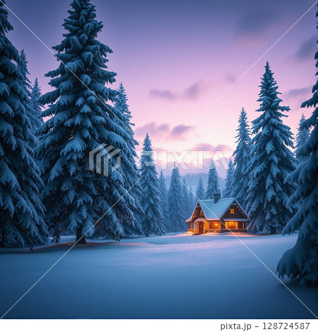 Cozy cabin illuminated at dusk surrounded by...のイラスト素材 [128724587] - PIXTA