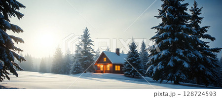 Cozy wooden cabin illuminated at dusk surrounded by snow-covered trees 128724593