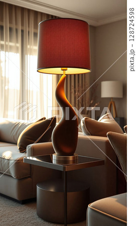 Stylish lamp lights a cozy living room with modern decor at night Stylish lamp lights a cozy living room with modern decor at night 128724598