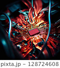 Intricate circuitry with glowing red lines in a close-up view of technology 128724608