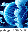 Vibrant blue planet surrounded by swirling clouds in a cosmic backdrop 128724609