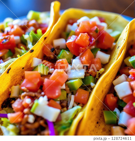 Colorful tacos filled with fresh toppings served on a blue plate at a restaurant 128724611