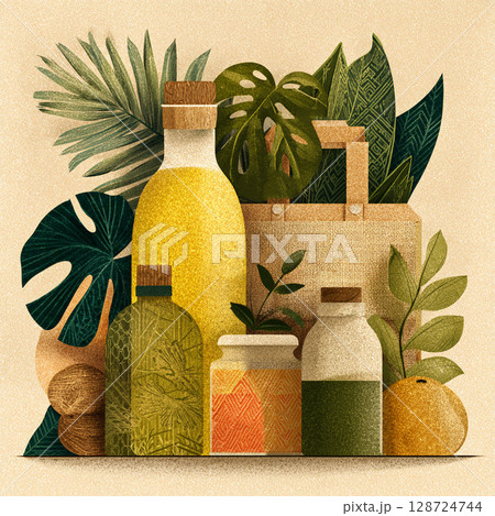 Eco Lifestyle Zero-Waste Home Scene with Reusable Items and Natural Light. Illustration of a cozy zero-waste home interior embracing an eco-conscious lifestyle. The composition includes glass jars 128724744