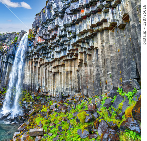Impressive view of Svartifoss waterfall with basalt columns on southern part of Iceland. 128725016