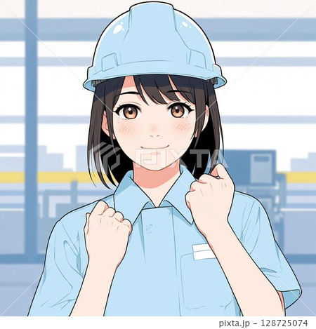 作業服とヘルメットを着用した笑顔の女性工場スタッフ 作業服とヘルメットを着用した笑顔の女性工場スタッフ 128725074