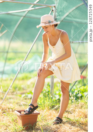 Female rural worker uses sunscreen Female rural worker uses sunscreen 128725349