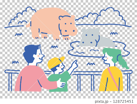 父母和孩子在動物園裡被河馬迷住了_顏色 128725451