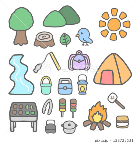 楽しいキャンプのイラストセット 楽しいキャンプのイラストセット 128725531