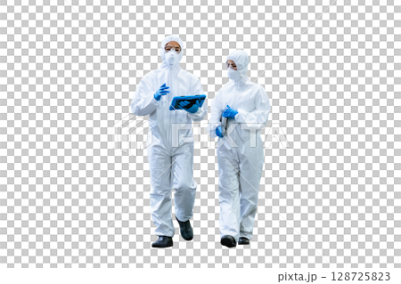 身穿防塵服的男女工人。全身照PNG，透明背景，手工精準裁剪 128725823