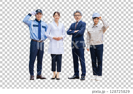 Group of men and women in various professions: Full-body photo PNG with transparent background precisely cut by hand 128725829