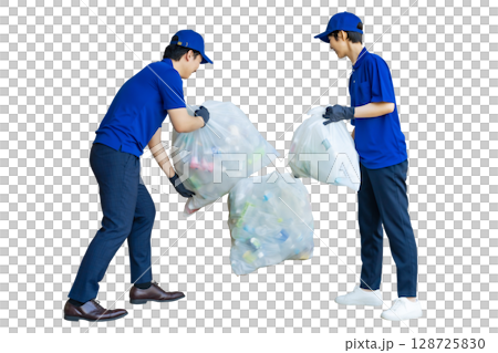 ゴミ袋を回収する男女作業員グループの後ろ姿 手作業で精密に切り抜いた背景透過全身写真PNG ゴミ袋を回収する男女作業員グループの後ろ姿 手作業で精密に切り抜いた背景透過全身写真PNG 128725830
