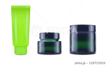 Realistic jar and tube for cream shampoo. Color green. For advertising presentation and website. Layout poster packaging concept beauty blog online store. Vector illustration. Realistic jar and tube for cream shampoo. Color green. For advertising presentation and website. Layout poster packaging concept beauty blog online store. Vector illustration. 128725910