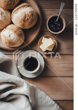 テーブルの上にあるパンとコーヒー 128726048