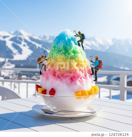ひんやり山岳探検！夏に楽しむ かき氷と 登山隊の冒険 かき氷ランキング 用 背景イメージ特集背景素材 128726124