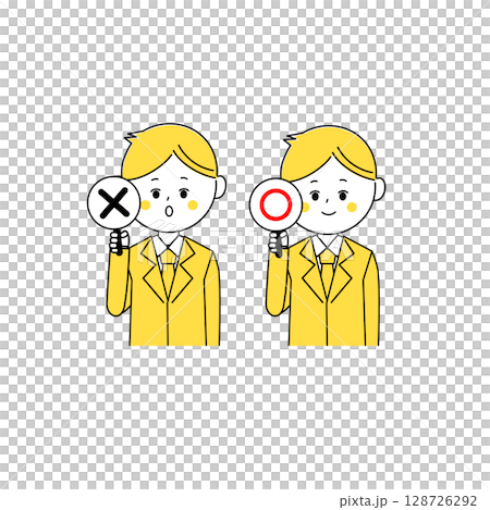 マルバツの札を持つビジネスマンのイラスト 128726292