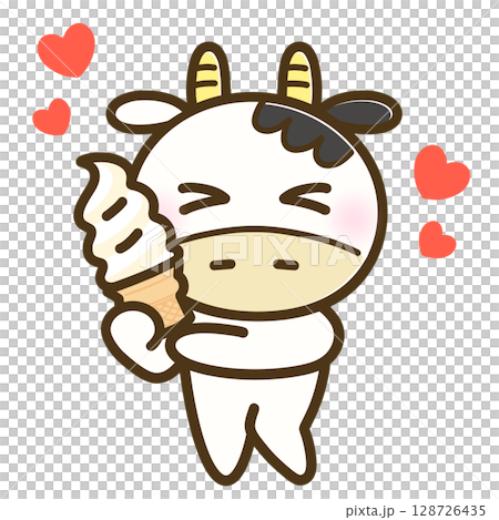 A full-body illustration of a cow happily holding a soft-serve ice cream (summer, cute character) A full-body illustration of a cow happily holding a soft-serve ice cream (summer, cute character) 128726435