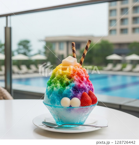 レインボーかき氷　フルーツ乗せ　プールサイドで楽しむ！夏の贅沢カラフルかき氷とリゾート気分 128726442