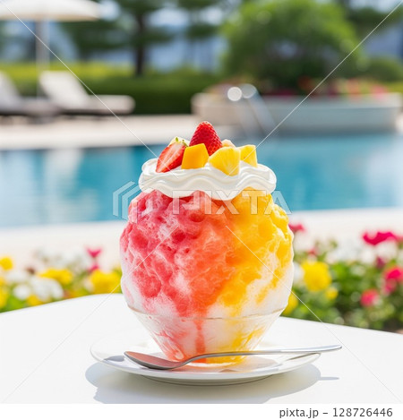 レインボーかき氷　フルーツ乗せ　プールサイドで楽しむ！夏の贅沢カラフルかき氷とリゾート気分 128726446