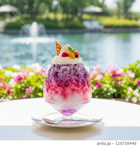 レインボーかき氷　フルーツ乗せ　プールサイドで楽しむ！夏の贅沢カラフルかき氷とリゾート気分 128726448