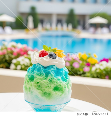ブルーハワイとメロンのかき氷　プールサイドで楽しむ！夏の贅沢カラフルかき氷とリゾート気分 128726451