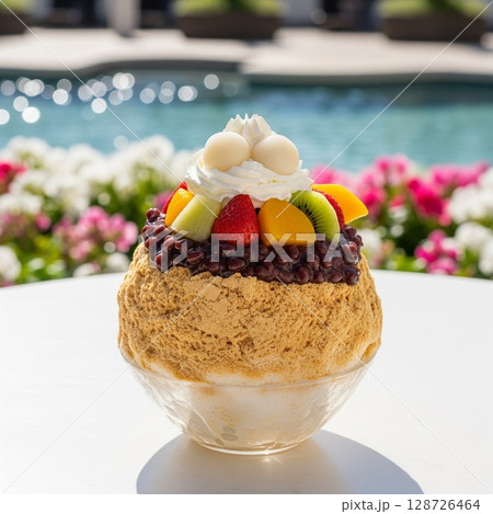 きな粉と小豆、フルーツ盛りだくさんのかき氷プールサイドで楽しむ！夏の贅沢カラフルかき氷とリゾート気分 128726464