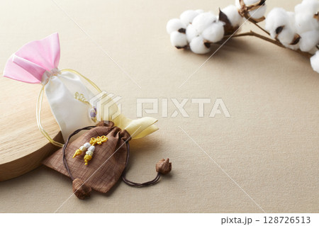 Elegant Korean table setting with traditional Korean bojagi gift wrapping for Chuseok, ceramic vase and fabric, tree branches. Elegant Korean table setting with traditional Korean bojagi gift wrapping for Chuseok, ceramic vase and fabric, tree branches. 128726513