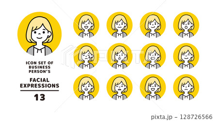 カジュアルな服装の若い女性の、様々な表情アイコン素材セット＿円形＿ベクター 128726566
