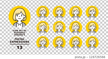 カジュアルな服装の若い女性の、様々な表情アイコン素材セット＿円形＿ベクター 128726566