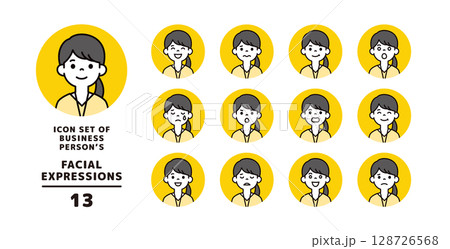 社員証をかけた、若い女性の様々な表情アイコン素材セット＿円形＿ベクター 128726568