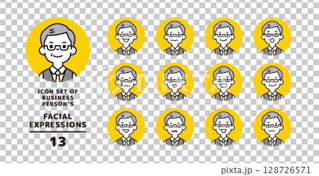 Various facial expressions icon material set of senior generation businessman wearing a vest_Circular_Vector Various facial expressions icon material set of senior generation businessman wearing a vest_Circular_Vector 128726571