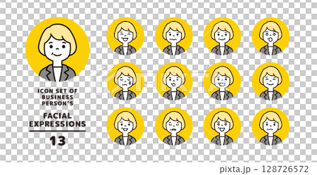 ミドル世代の女性社員の様々な表情アイコン素材セット_円形_ベクター ミドル世代の女性社員の様々な表情アイコン素材セット_円形_ベクター 128726572