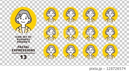 Various facial expressions icon set of senior women wearing suits_Circular_Vector 128726574