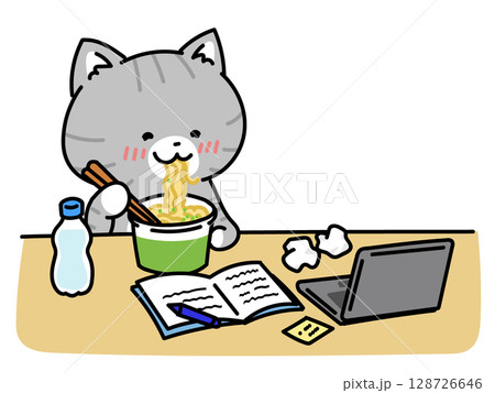 仕事または勉強の合間にラーメンを食べる猫ちゃん 128726646