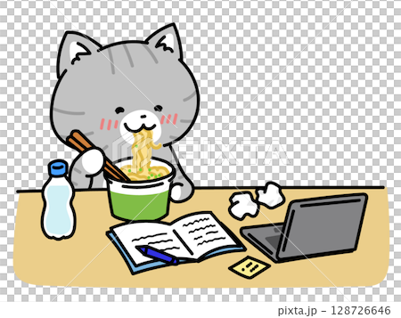仕事または勉強の合間にラーメンを食べる猫ちゃん 128726646