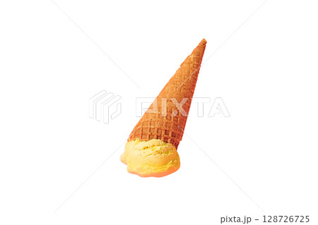 Melting ice cream slowly drips from a cone, isolated on white, PNG Melting ice cream slowly drips from a cone, isolated on white, PNG 128726725