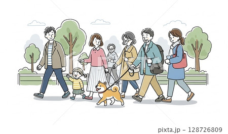 家族で犬の散歩 128726809