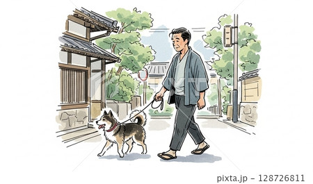 犬と散歩する男性 128726811